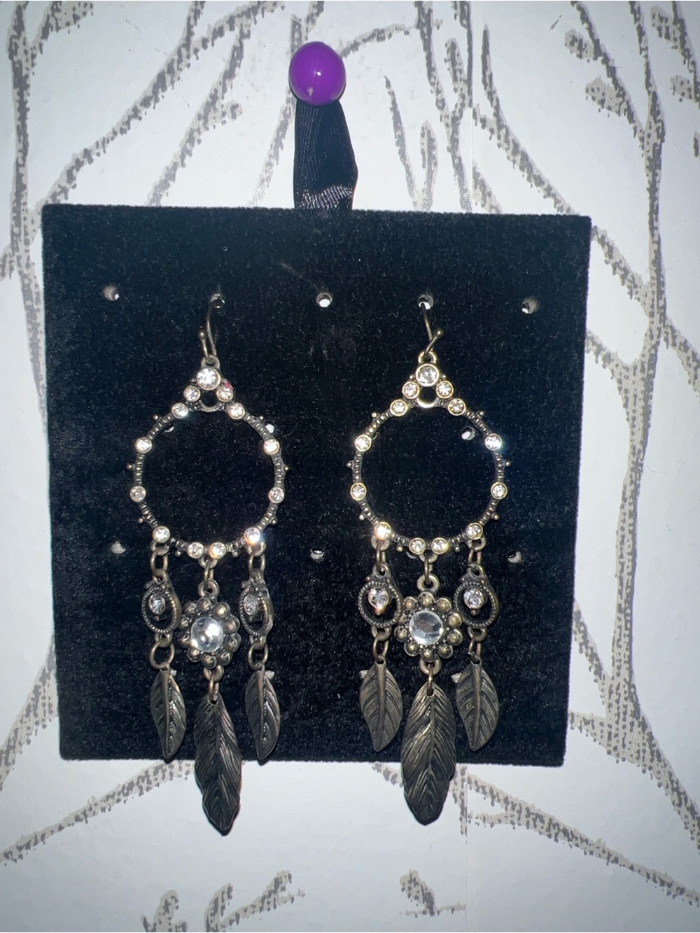 Crystal Hoop Feather Dangle Earrings - Silver Tone